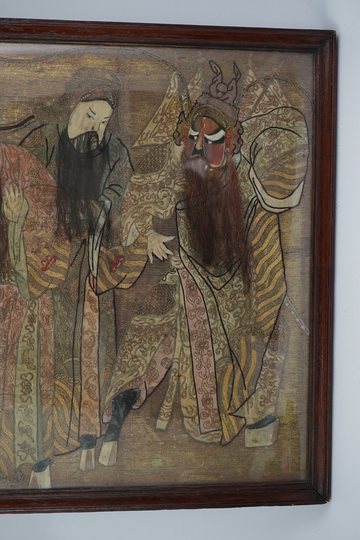 A Chinese embroidered silk ‘Peking Opera’ panel, early 20th century
